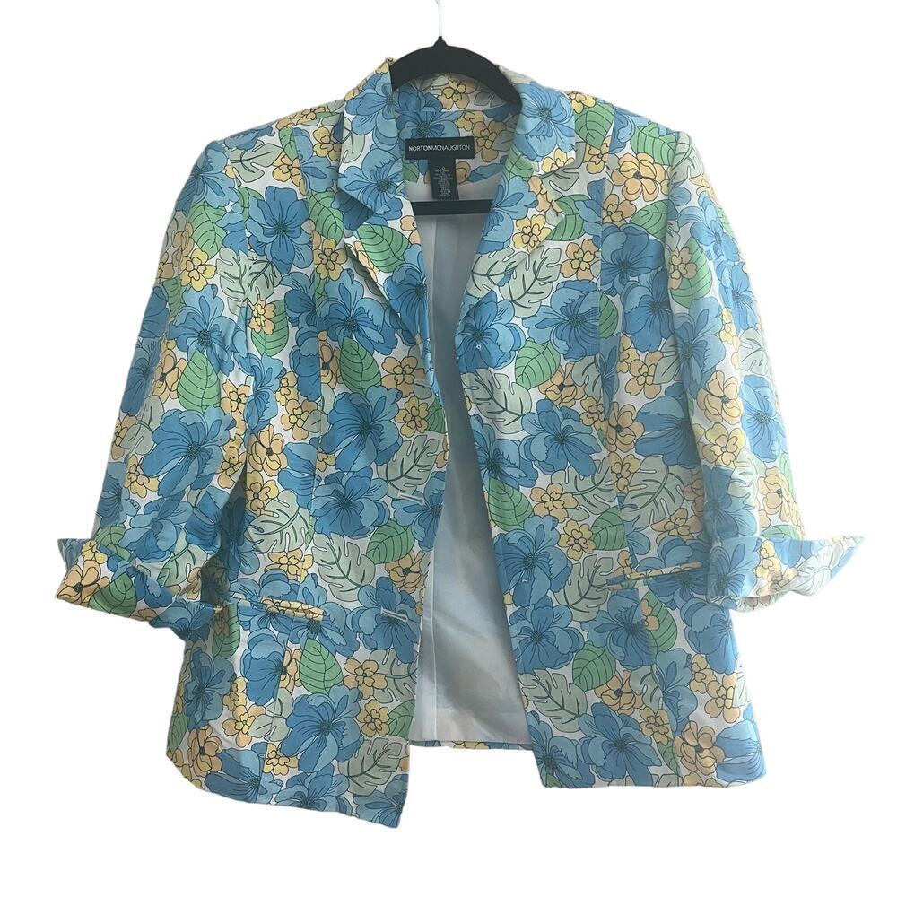 Norton McNaughton Blazer Size 10 Yellow & Blue Floral Button Jacket Granny Core